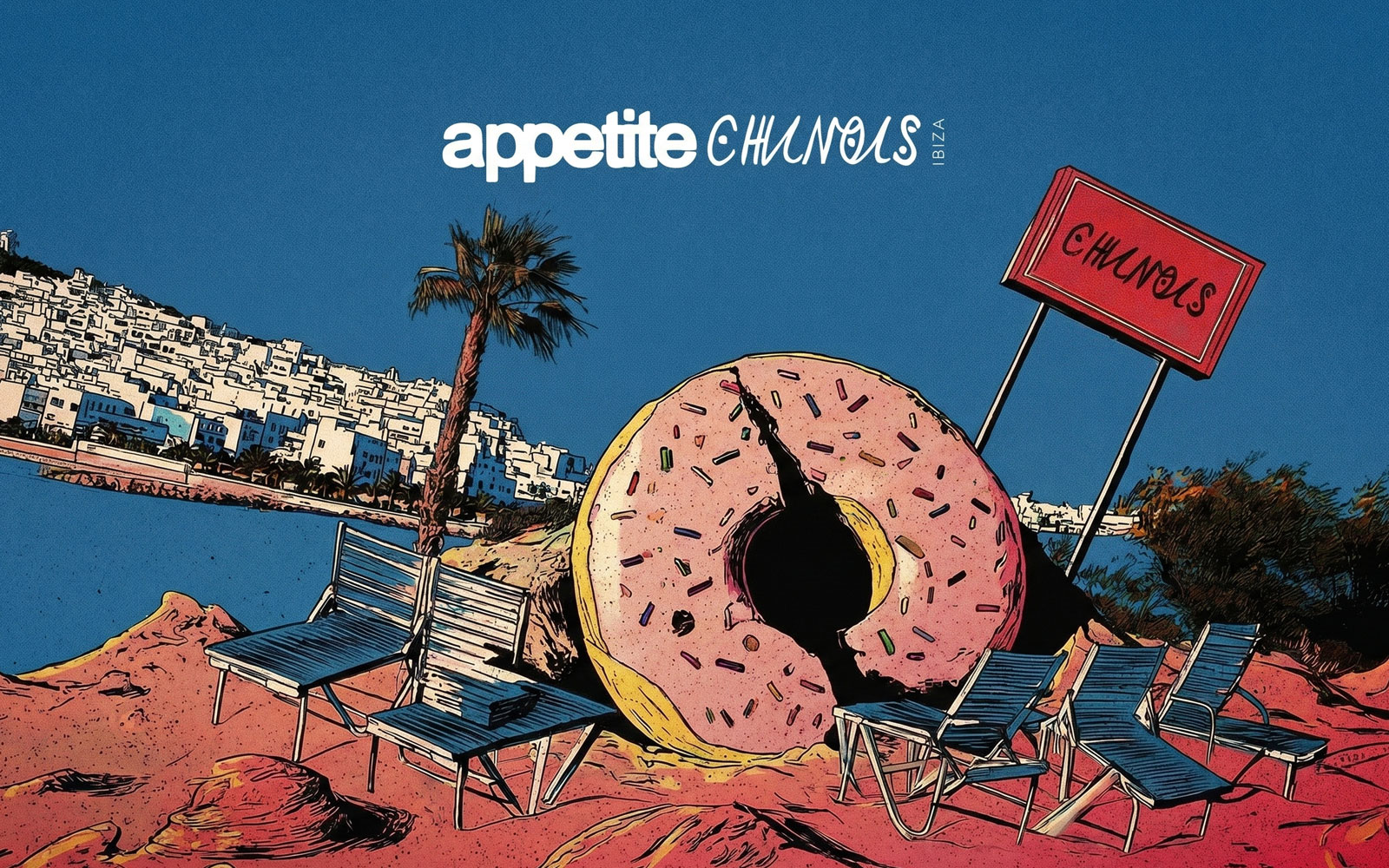 Chairs and giant donut sculpture on Ibiza beach near Chinois restaurant.