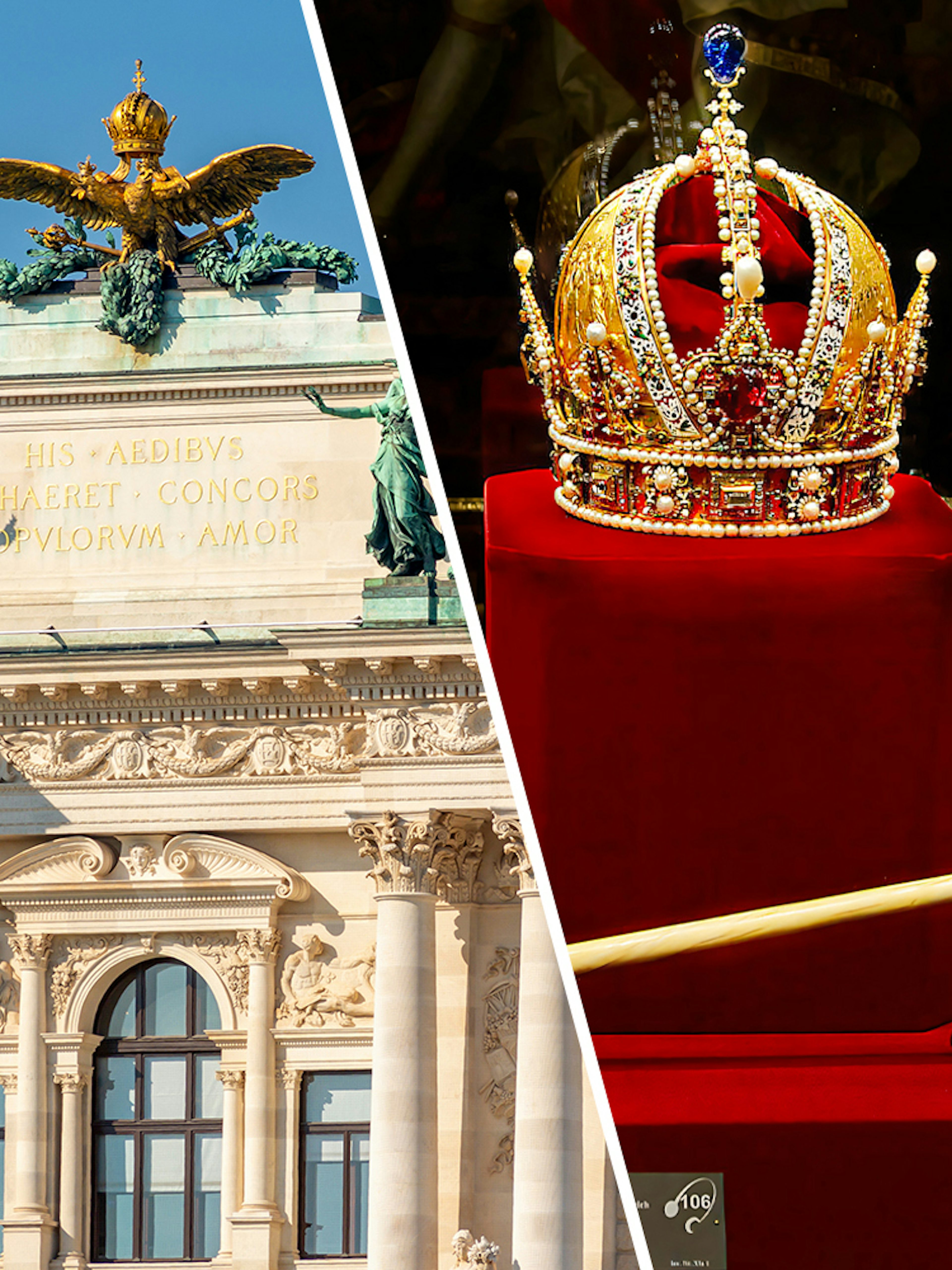 Hofburg Palace facade and Austrian imperial crown in Vienna, Austria.