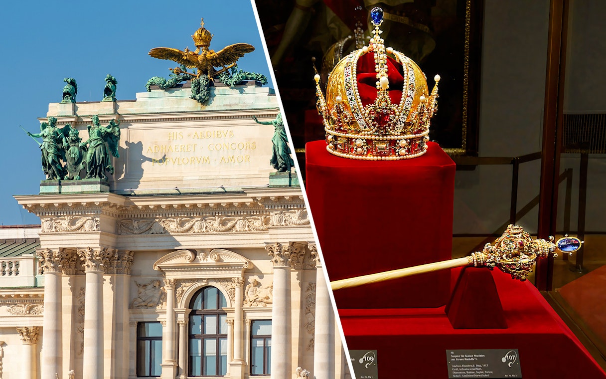 Hofburg Palace facade and Austrian imperial crown in Vienna, Austria.