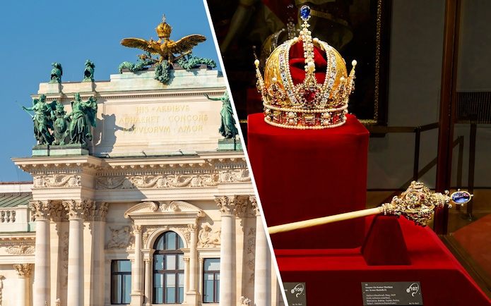 Hofburg Palace facade and Austrian imperial crown in Vienna, Austria.