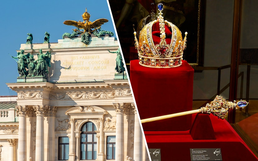 Hofburg Palace facade and Austrian imperial crown in Vienna, Austria.