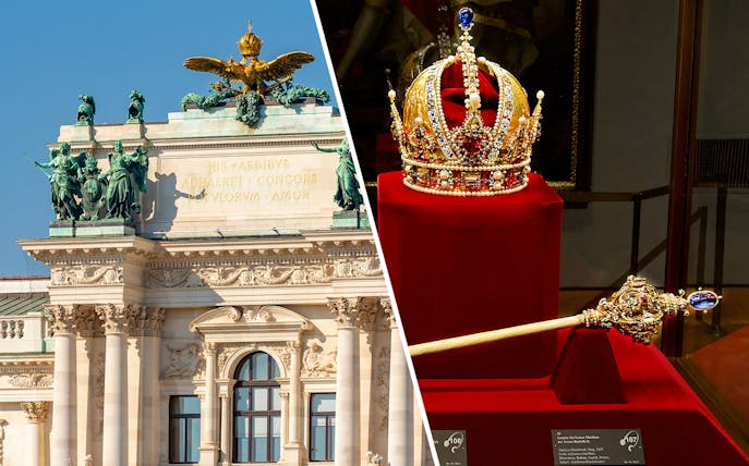 Hofburg Palace facade and Austrian imperial crown in Vienna, Austria.