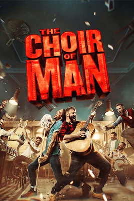 Men performing energetically with instruments and props in The Choir of Man show.