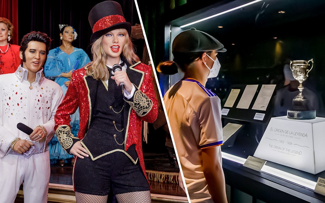 Wax figures at Madrid Wax Museum and visitor viewing trophy at Santiago Bernabeu Stadium.