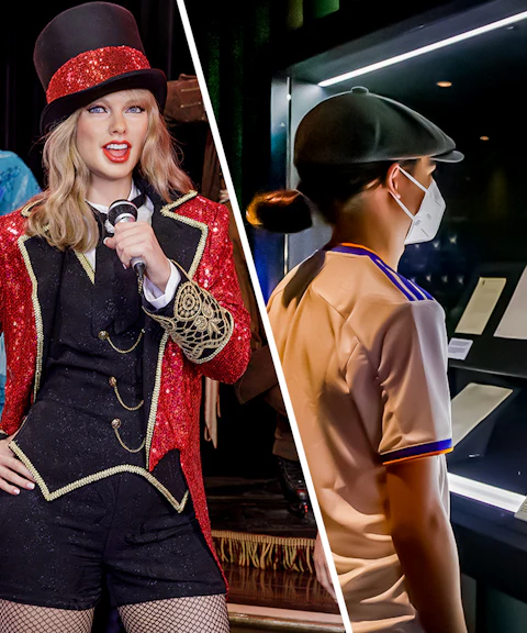 Wax figures at Madrid Wax Museum and visitor viewing trophy at Santiago Bernabeu Stadium.
