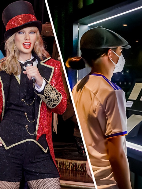 Wax figures at Madrid Wax Museum and visitor viewing trophy at Santiago Bernabeu Stadium.