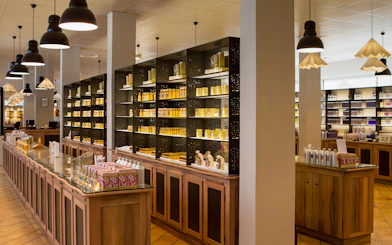 Perfume workshop interior with shelves of fragrance bottles in Eze-Village near Nice and Monaco.