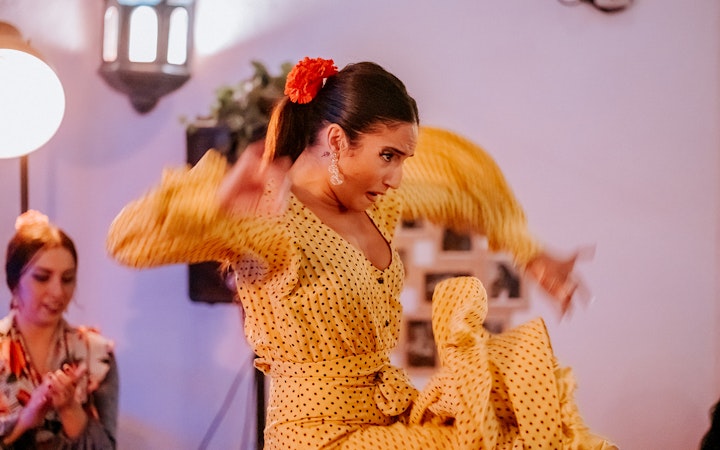 Flamenco dancer performing at Taberna Doble de Cepa in a vibrant setting.