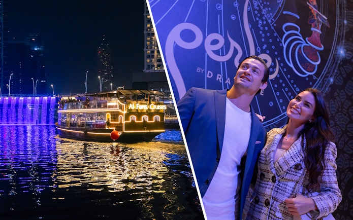 Luxury Dubai Canal cruise at night with La Perle show attendees.