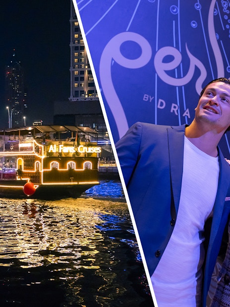 Luxury Dubai Canal cruise at night with La Perle show attendees.