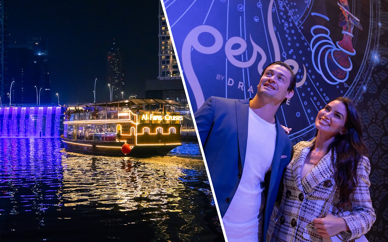 Luxury Dubai Canal cruise at night with La Perle show attendees.