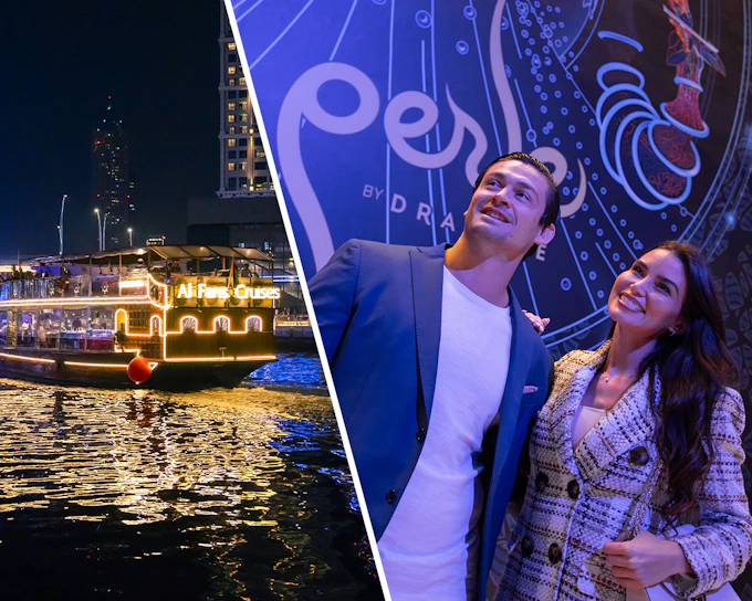Dine & Dazzle Evening Package: Dubai Canal Dinner Cruise with Unlimited Drinks + La Perle Show