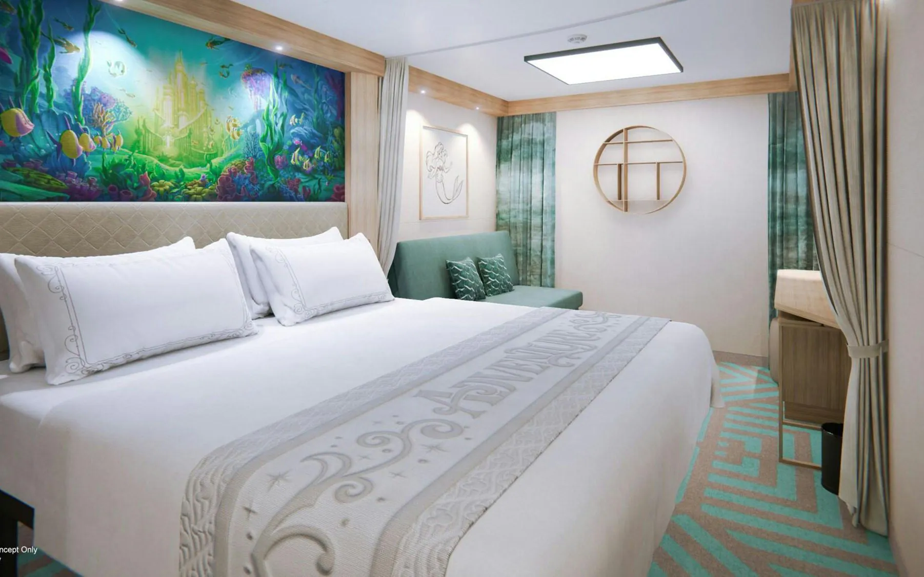 Deluxe cruise cabin with ocean-themed decor and comfortable bedding.