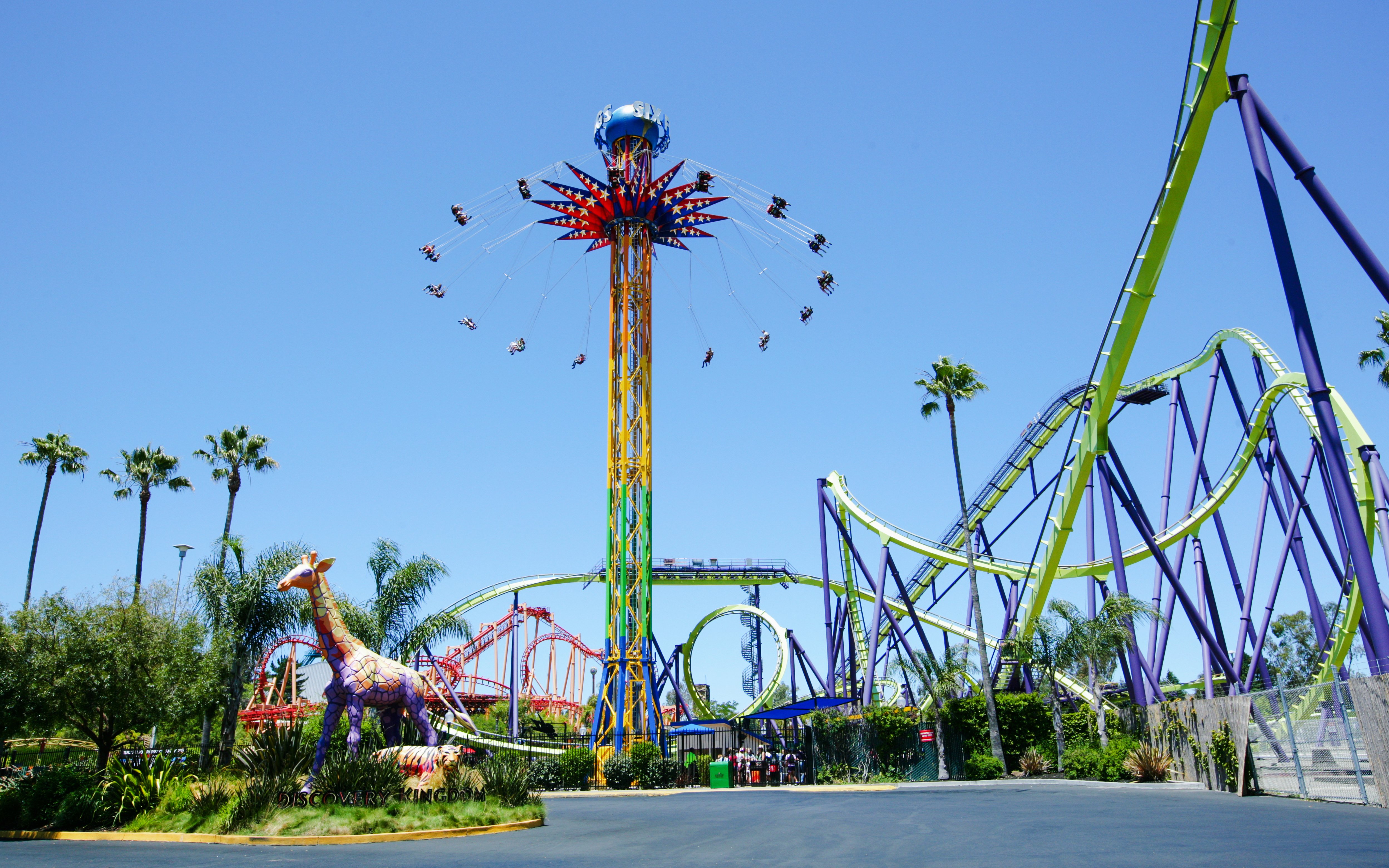 SkyScreamer ride at Six Flags Discovery Kingdom with roller coasters and palm trees in the background.