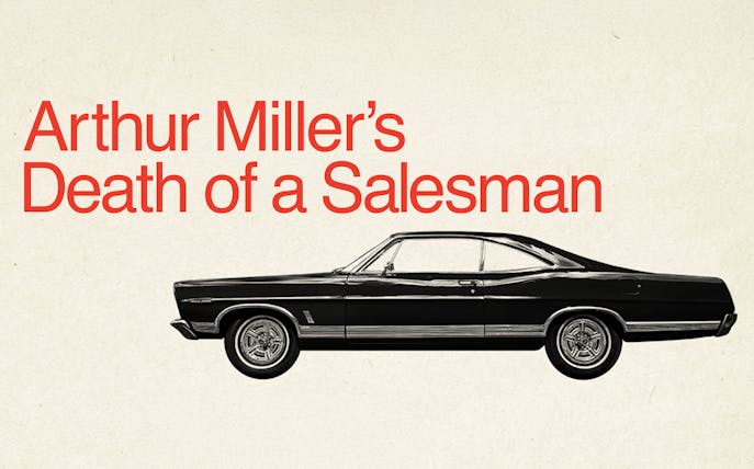 Arthur Miller's Death of a Salesman text with classic car illustration