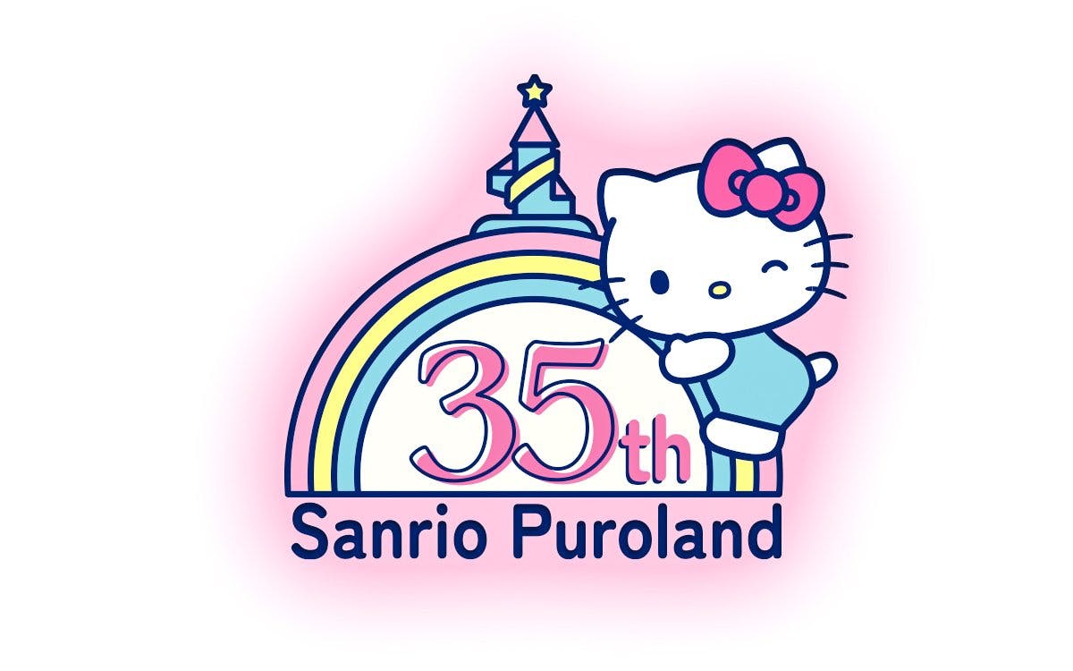Sanrio Puroland 35th anniversary logo with Hello Kitty and rainbow.