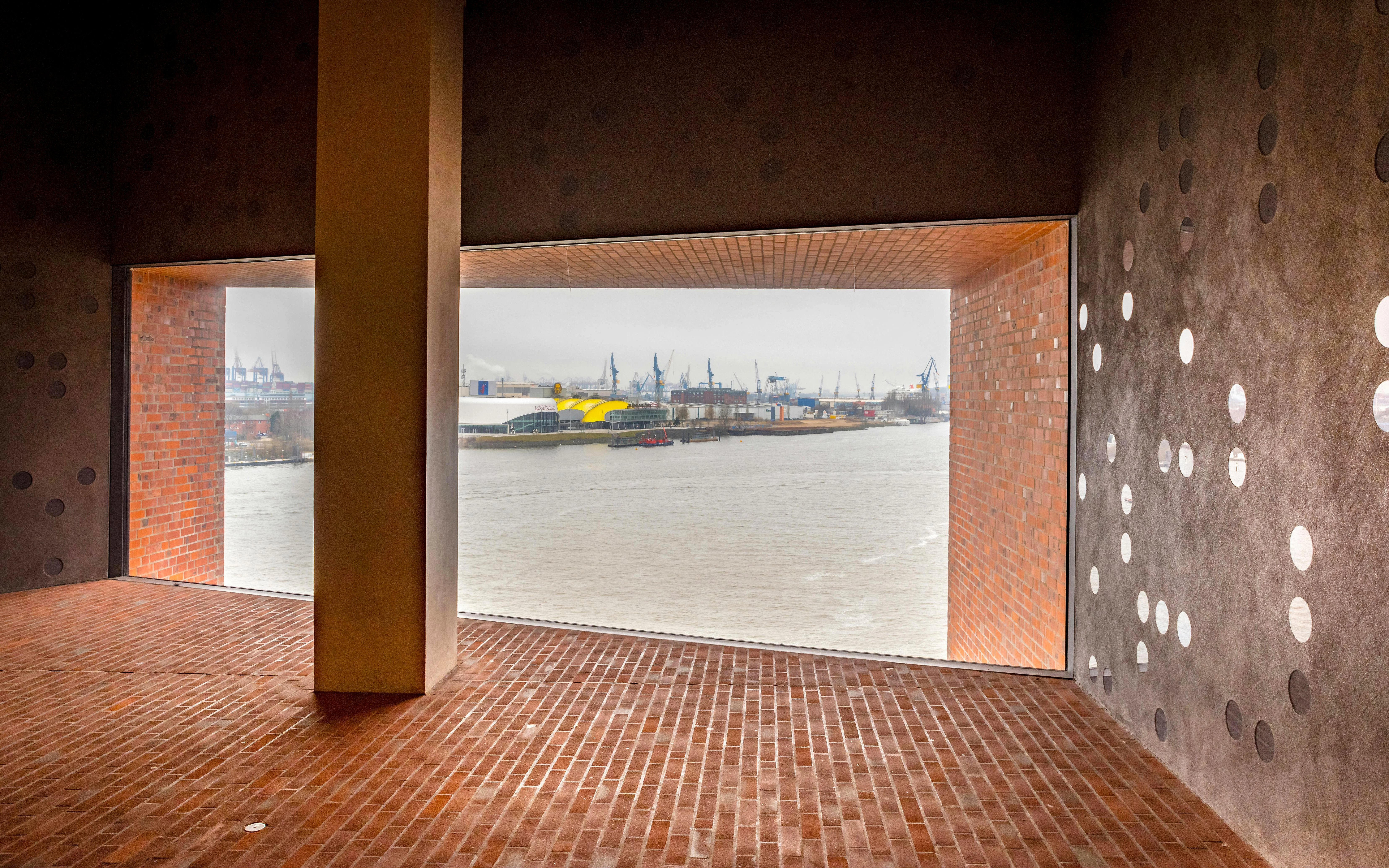 View of Hamburg harbor from Elbphilharmonie window.
