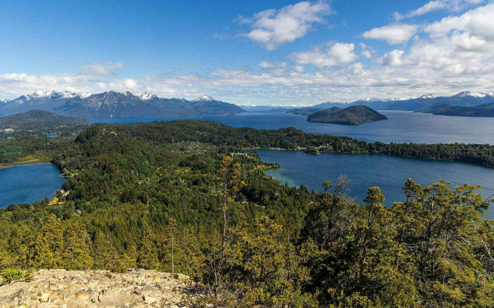 Elevated view of lakes and rolling hills in Nahuel Huapi National Park, Argentina.