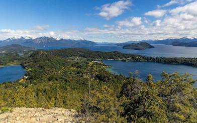 Elevated view of lakes and rolling hills in Nahuel Huapi National Park, Argentina.