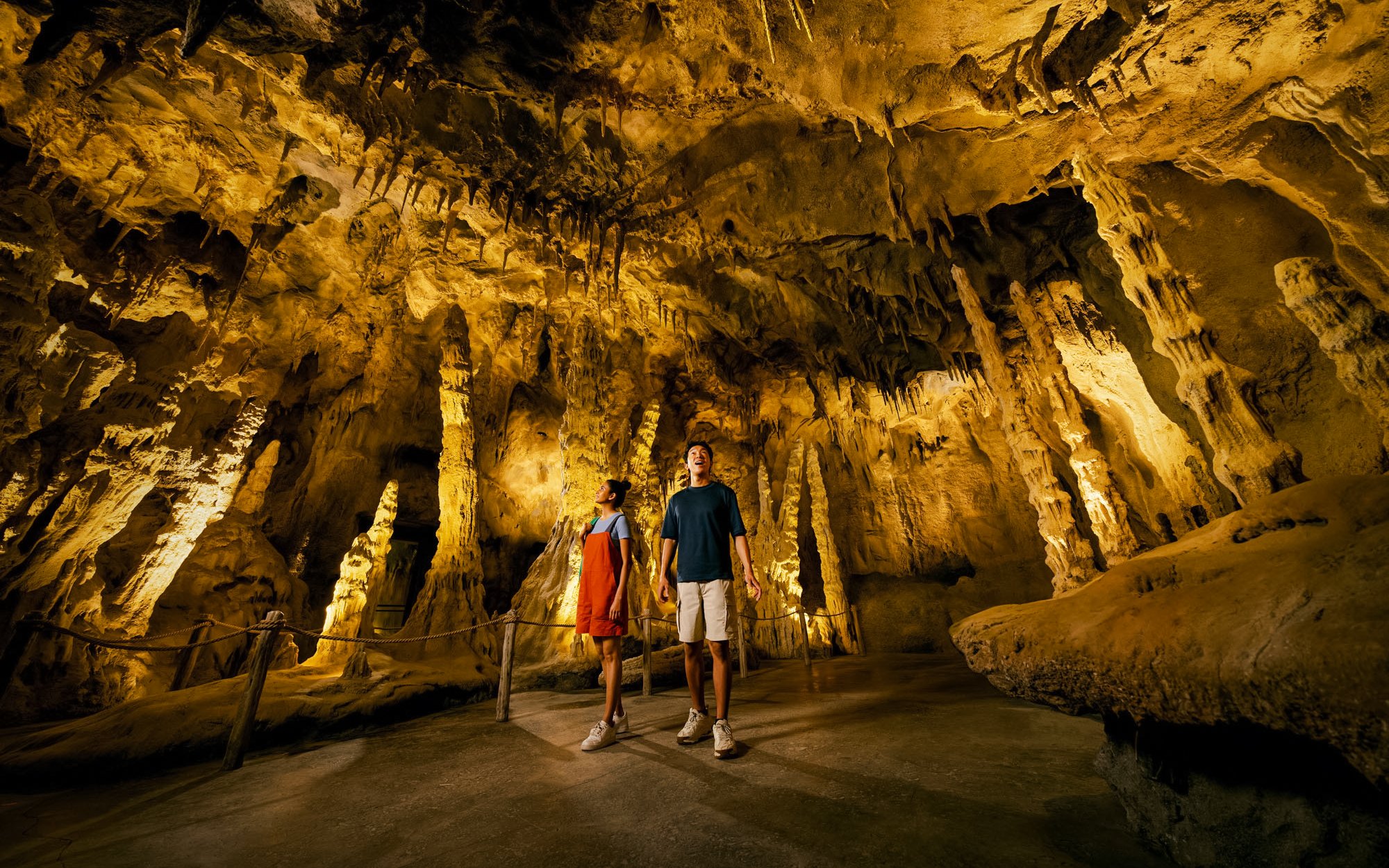 Visitors exploring stalactites in The Cavern Drunken Forest at Rainforest Wild Adventure.
