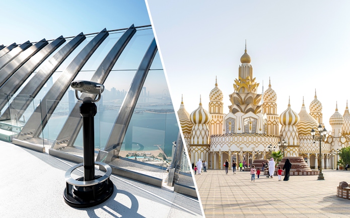 Observation deck view at The Palm and entrance to Dubai Global Village.