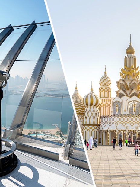Observation deck view at The Palm and entrance to Dubai Global Village.