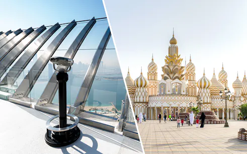 Observation deck view at The Palm and entrance to Dubai Global Village.