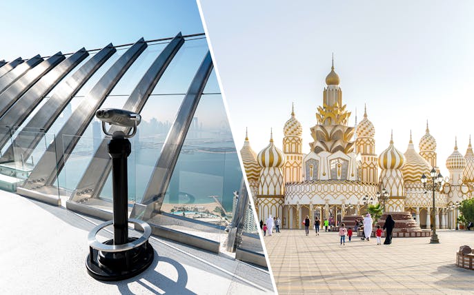 Observation deck view at The Palm and entrance to Dubai Global Village.