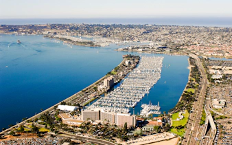 Aerial view of Shelter Island marina and waterfront in San Diego.