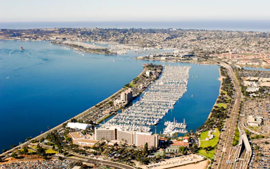 Aerial view of Shelter Island marina and waterfront in San Diego.