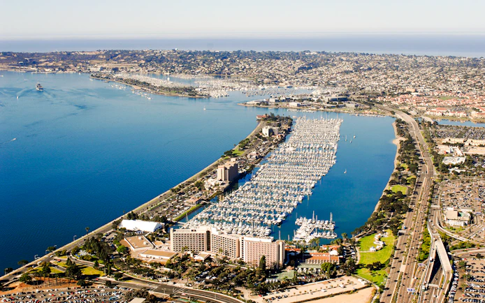 Aerial view of Shelter Island marina and waterfront in San Diego.