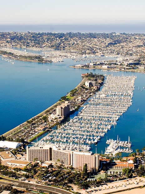 Aerial view of Shelter Island marina and waterfront in San Diego.
