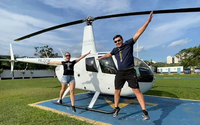 Tourists excited before VIP helicopter tour in Rio de Janeiro.