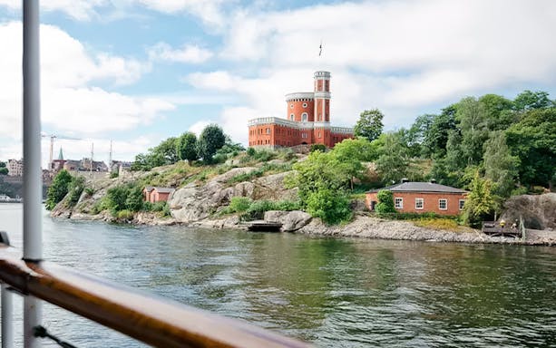 Kastellholmen Citadel viewed from a boat during Stockholm Archipelago sightseeing cruise.