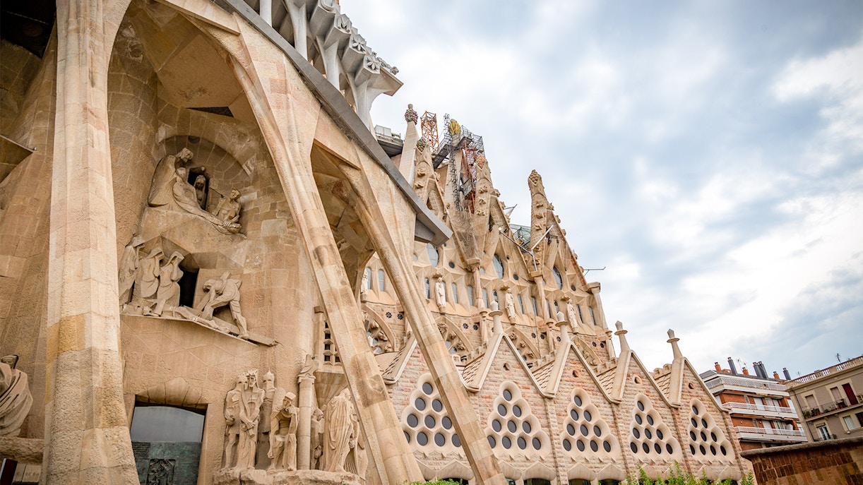 Sagrada Familia Glory Facade with intricate architectural details in Barcelona, Spain.