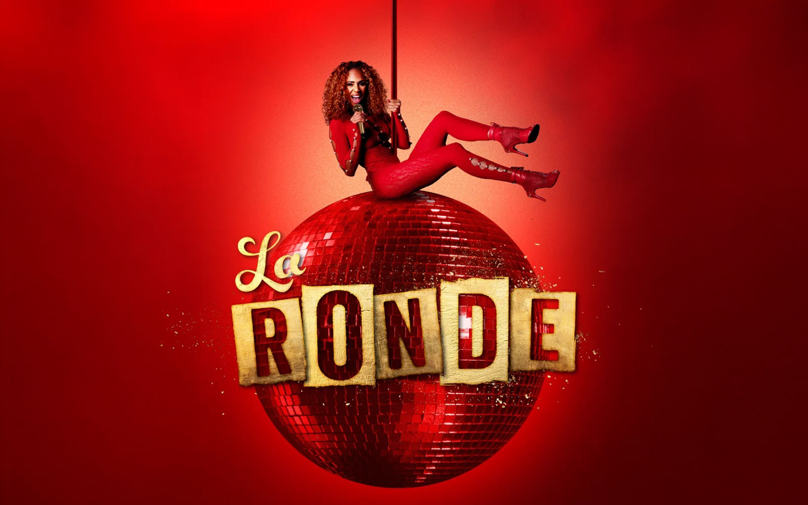 Performer in red outfit on a red disco ball with "La Ronde" text, Sydney.