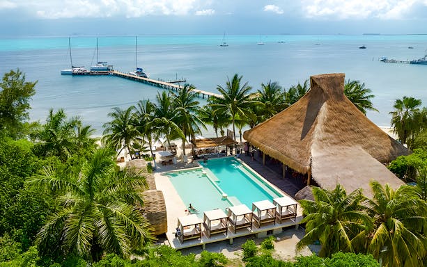 Zaza Beach Club on Isla Mujeres, Mexico with pool, palm trees, and ocean view.