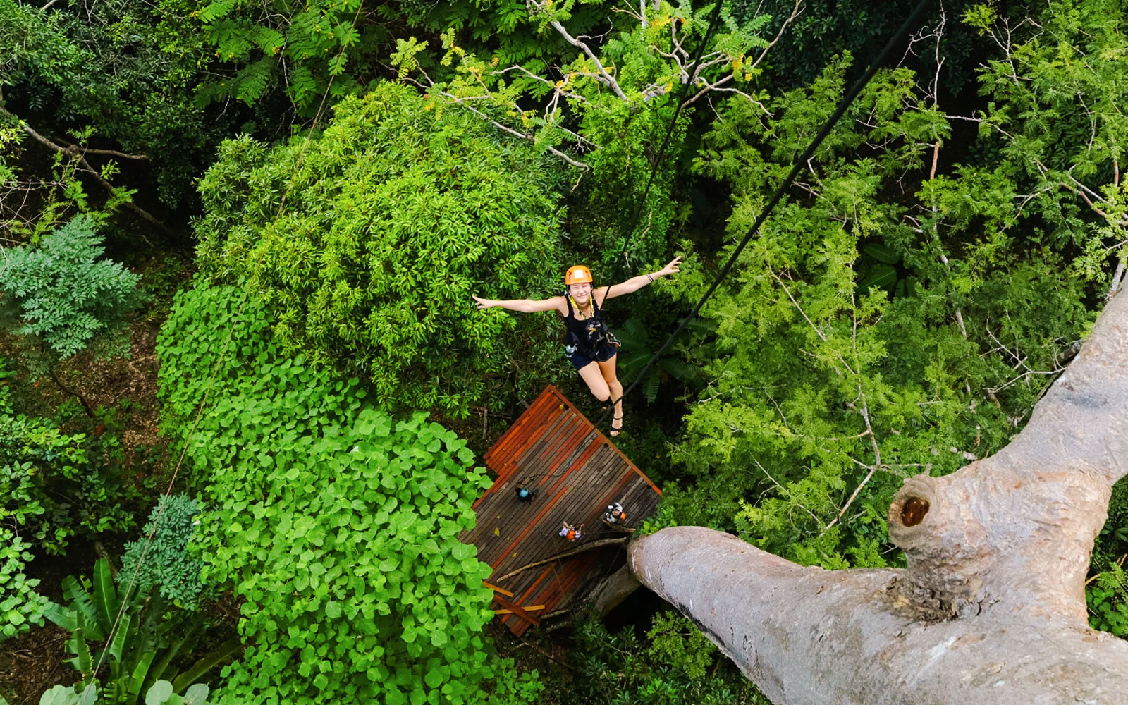 Person ziplining through lush forest canopy at Flying Hanuman, Phuket.