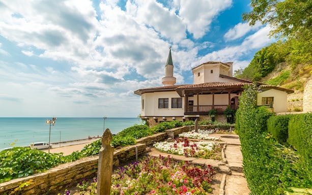 Coastal view of Balchik Palace gardens and Black Sea in Bulgaria.