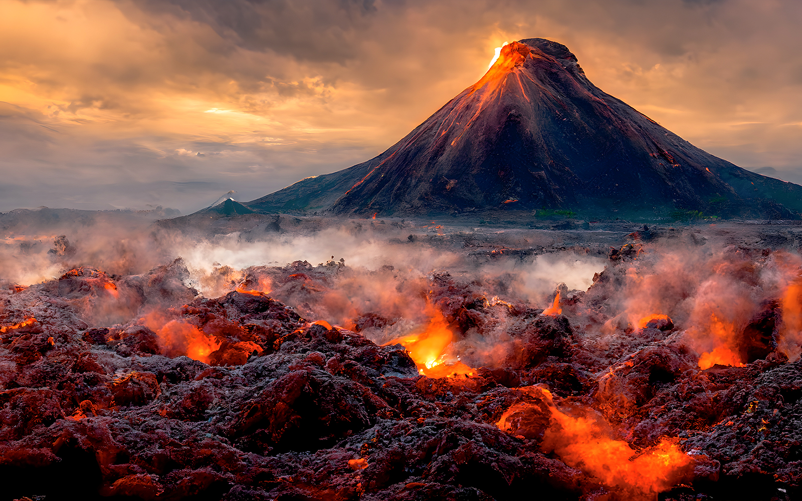 Volcanic eruption with flowing lava and magma in a fiery landscape.