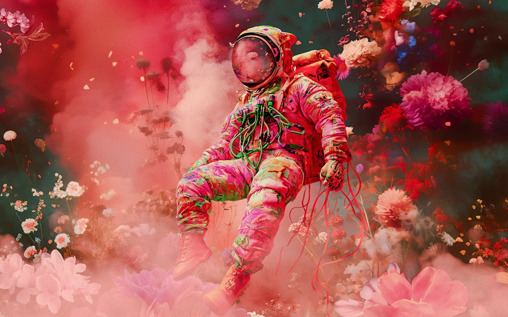 Astronaut in colorful suit floating among vibrant flowers, symbolizing "Another World Is Possible.