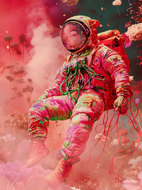 Astronaut in colorful suit floating among vibrant flowers, symbolizing "Another World Is Possible.