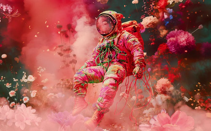 Astronaut in colorful suit floating among vibrant flowers, symbolizing "Another World Is Possible.