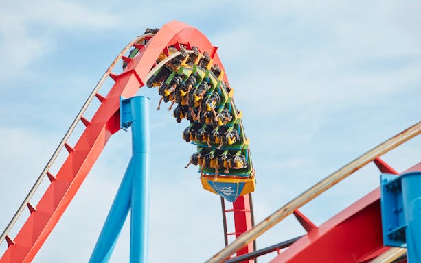Roller coaster loop on Dragon Khan at PortAventura Park, Spain.