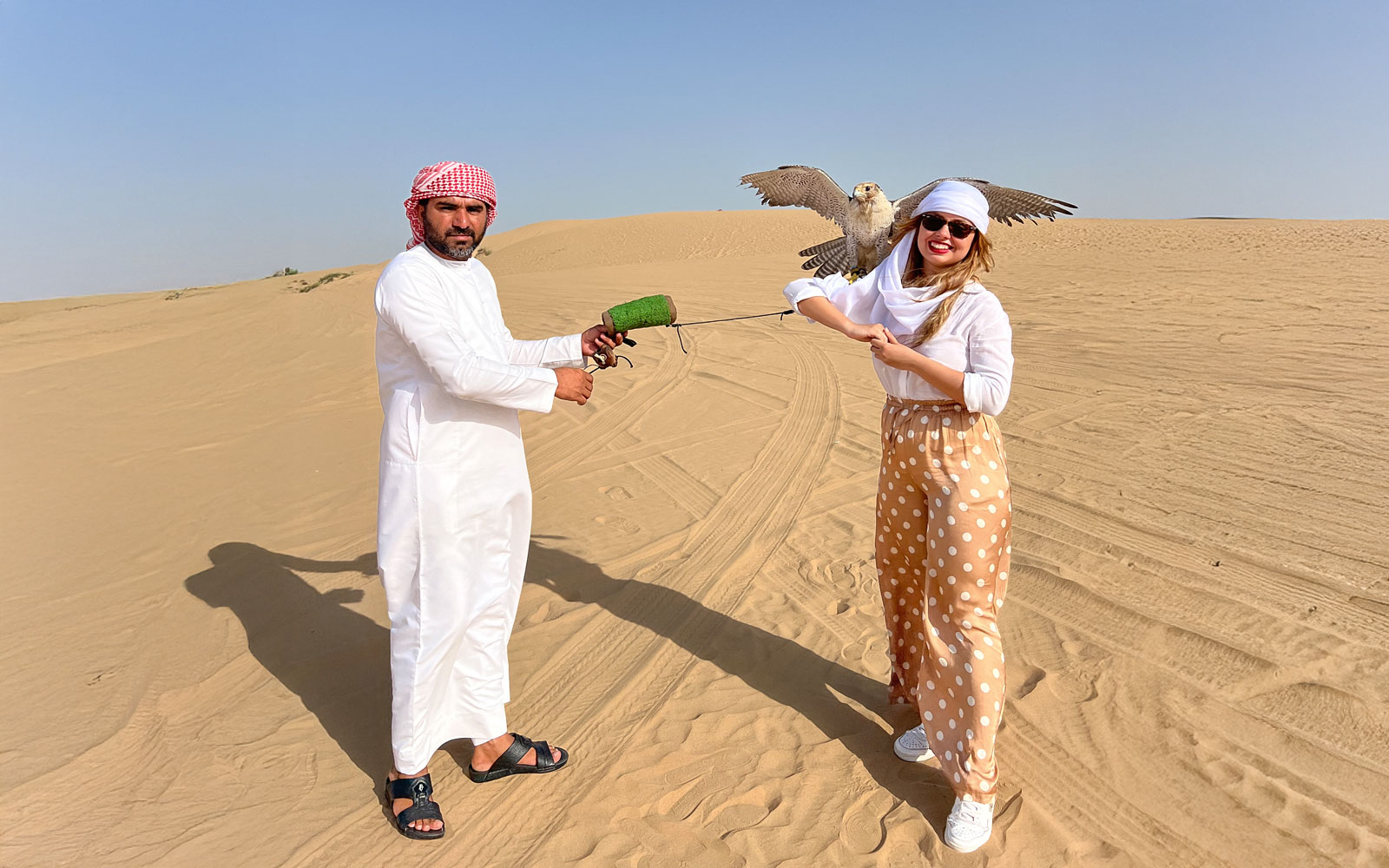 Falconer and tourist with falcon in Dubai desert show.