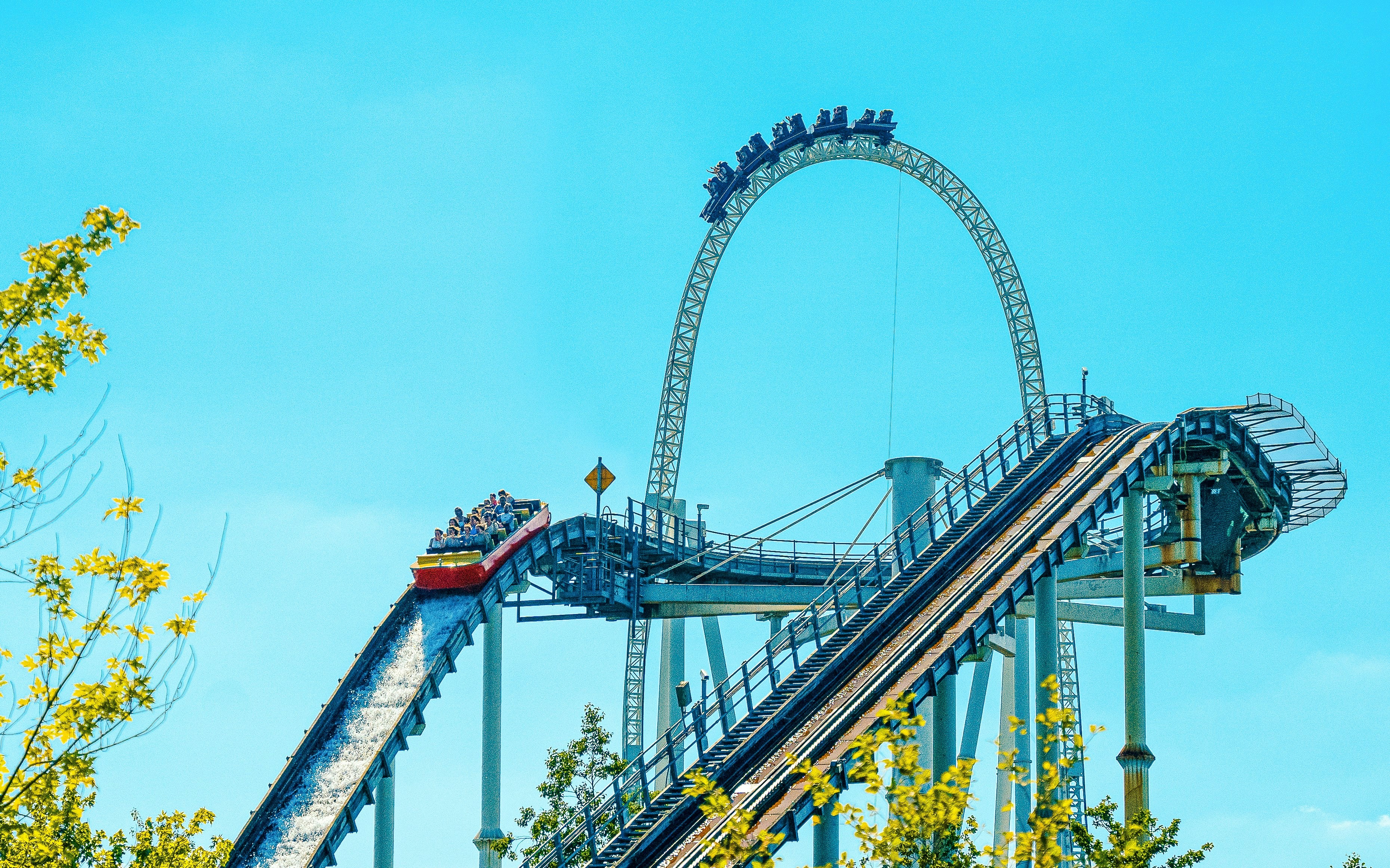 Roller coaster descent on Tidal Wave ride at Thorpe Park, London.