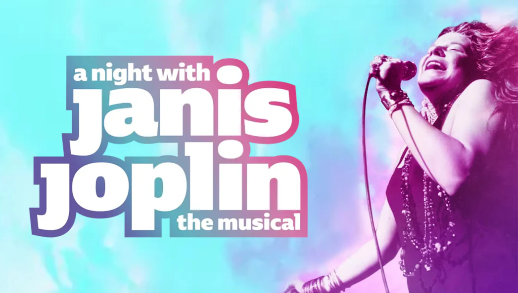 A Night with Janis Joplin musical poster with singer holding a microphone.