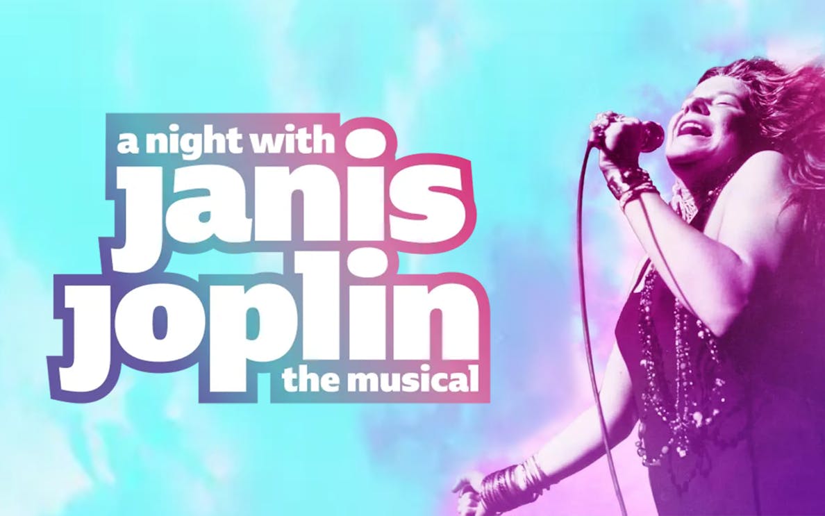 A Night with Janis Joplin musical poster with singer holding a microphone.