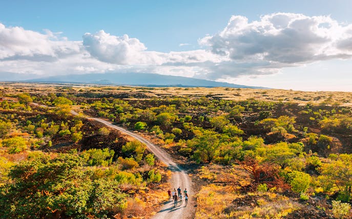 Group walking on a trail through Maunakea's scenic landscape during the Summit & Stars Giveback Experience.