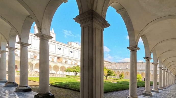Cloister arches and courtyard at Certosa di San Martino, Naples.